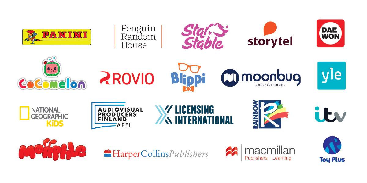 Logos of partners: Panini, Penguin random House, Star Stable, Storytel, DaeWon, CoCoMelon, Rovio, Blippi, Moonbug, Yle, National Geographic Kids, APFI, Licensing International, Rainbow, itv, Morphle, Harper Collins Publishers, Macmillan, and Toy Plus